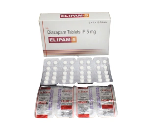 Blister pack of Diazepam 5mg tablets labeled Elipam, used for anxiety and muscle relaxation.